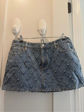 Alice + Olivia Blue Denim Mini Skirt with Quilted Pearl Grid